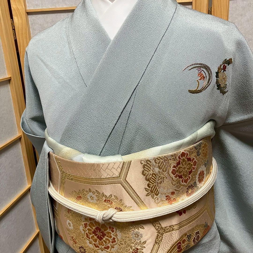 ［7179］訪問着 相良刺繍 花丸文様 縮緬 一つ紋 違い鷹の羽 正絹 着物 袷