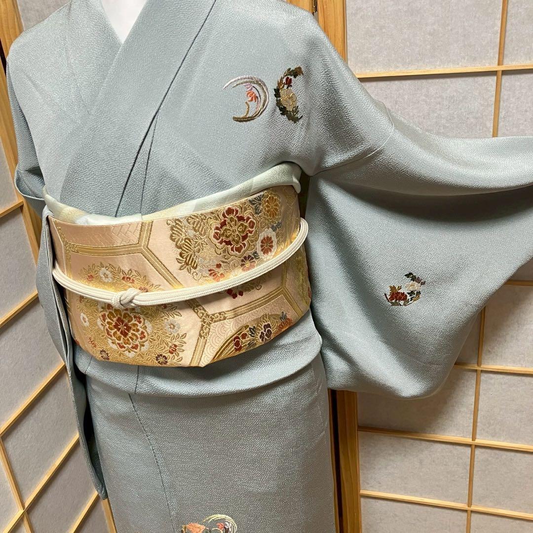 ［7179］訪問着 相良刺繍 花丸文様 縮緬 一つ紋 違い鷹の羽 正絹 着物 袷