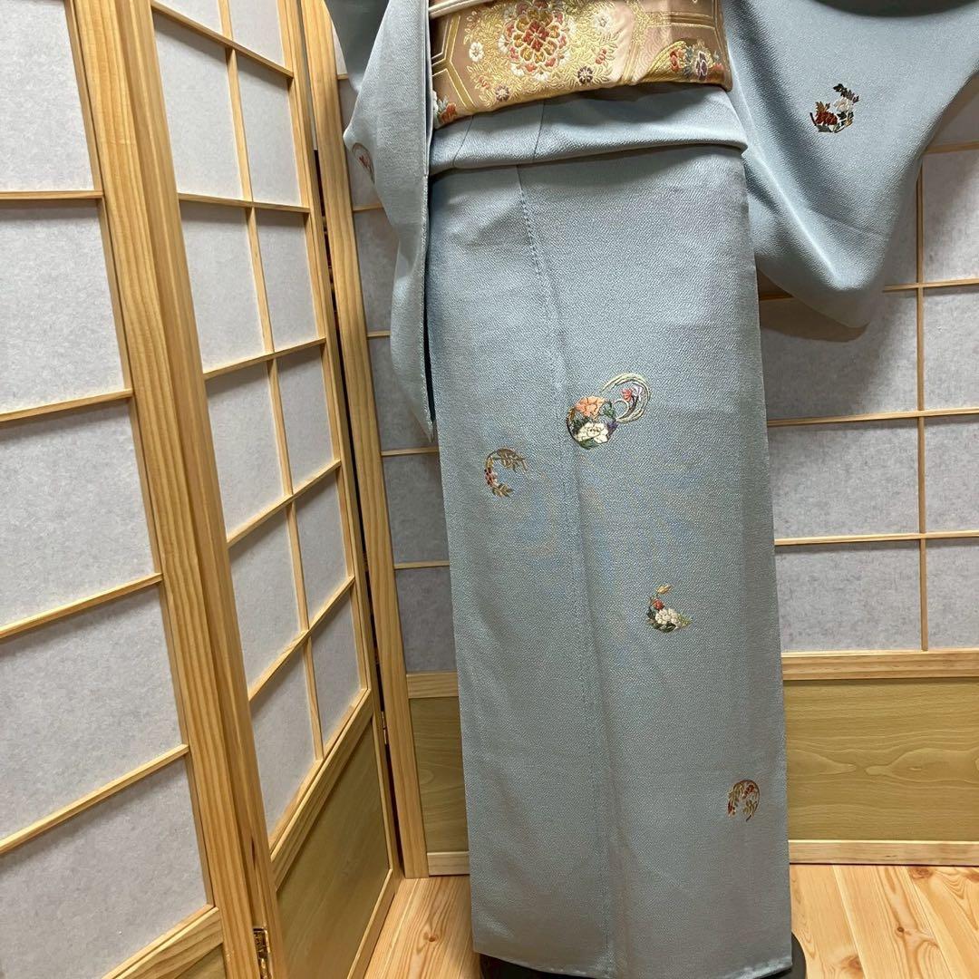 ［7179］訪問着 相良刺繍 花丸文様 縮緬 一つ紋 違い鷹の羽 正絹 着物 袷