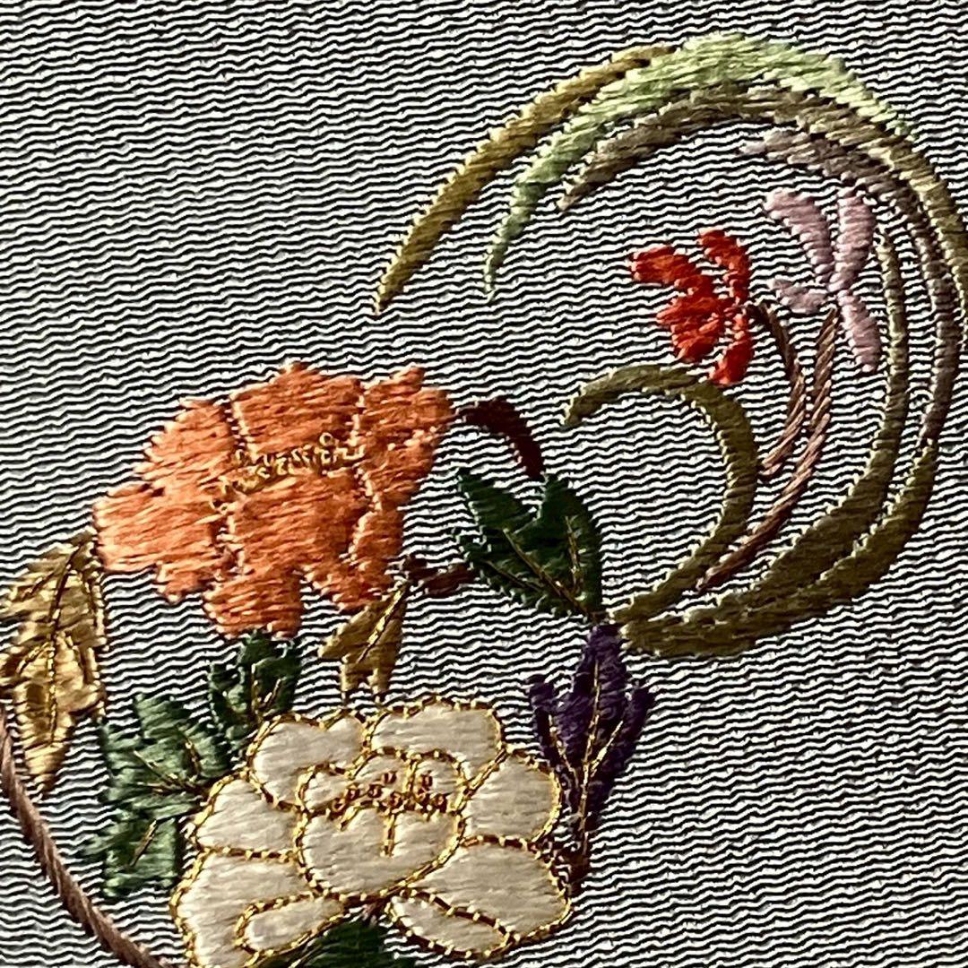 ［7179］訪問着 相良刺繍 花丸文様 縮緬 一つ紋 違い鷹の羽 正絹 着物 袷