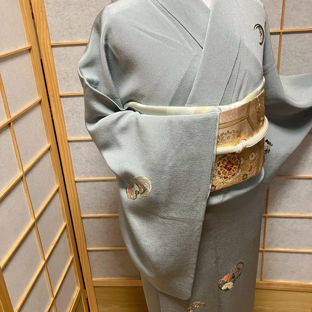 ［7179］訪問着 相良刺繍 花丸文様 縮緬 一つ紋 違い鷹の羽 正絹 着物 袷