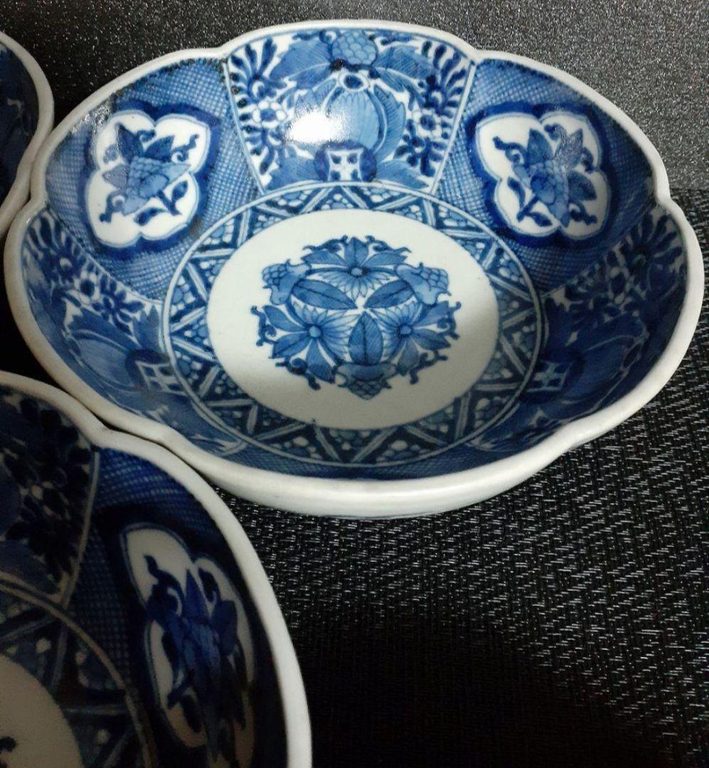 【最上作品❗️】江戸時代中期　元禄～享保　藍柿右衛門　染付　花の図　輪花皿　5客