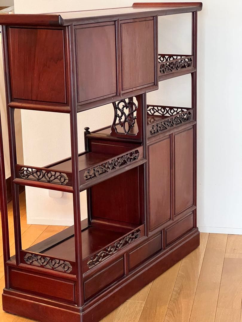 唐木 花梨 茶箪笥 飾り棚 茶棚 違い棚 和家具 木製 彫刻 アンティーク