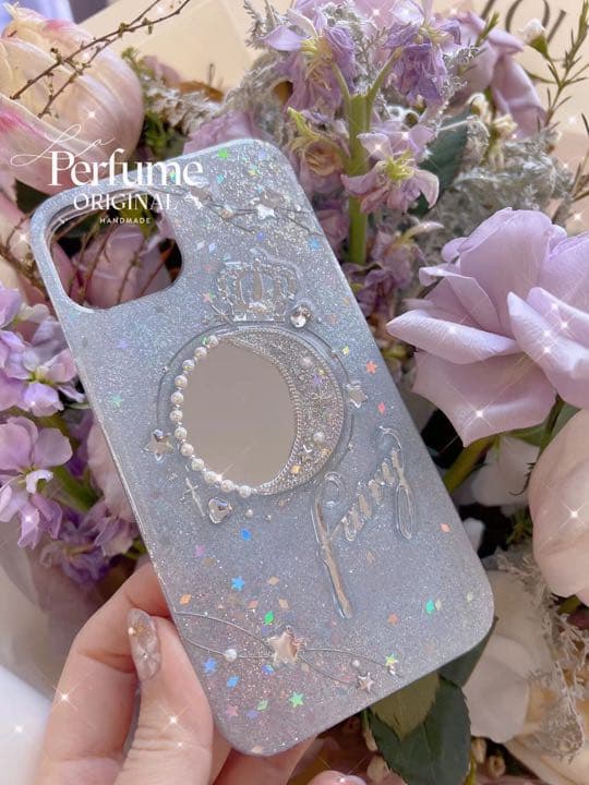 名入れ♡ミラー✨キラキラ クラウンティアラパール♡ イニシャル iPhone 紫