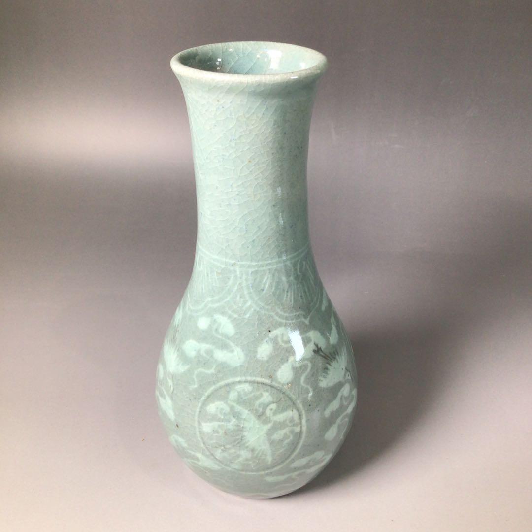 Ｒ９４１　皆具　『李貞夏造』『象嵌雲鶴文』『高麗青磁皆具』　共箱　茶道具