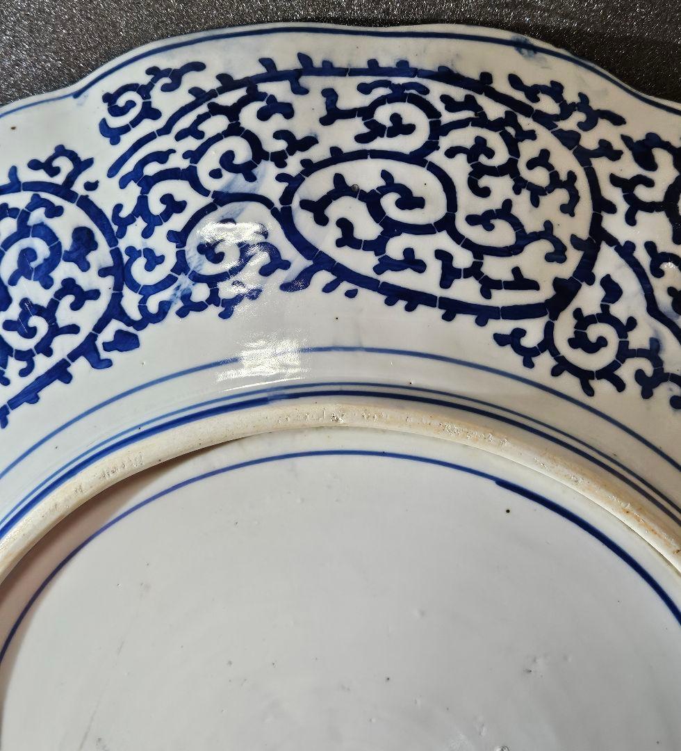 【特大❗】明治時代　印判　銅版転写 みじん唐草　裏　たこ唐草　径46.4cm大皿