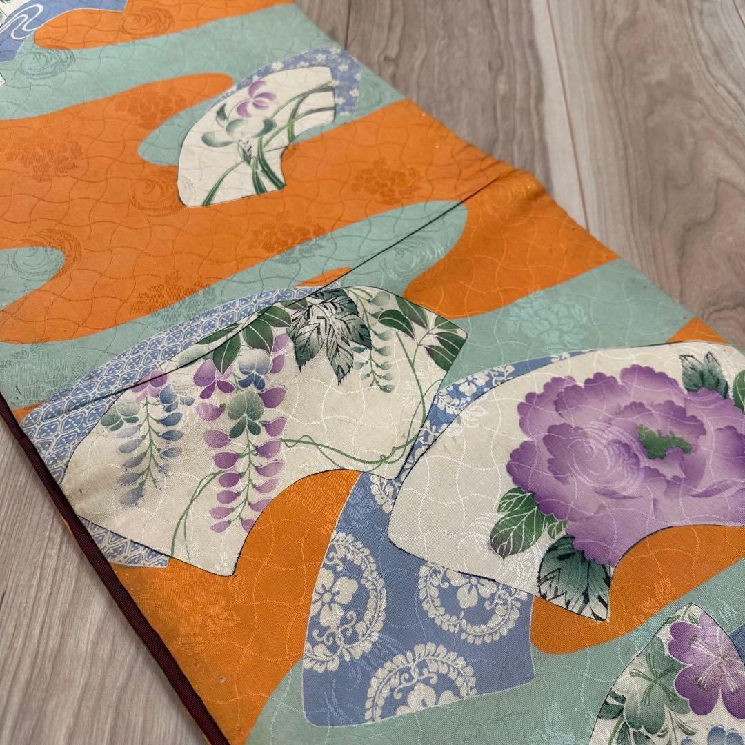 美品　正絹　着物 和服　帯　アンティーク　オレンジ　紫　水色　374 扇