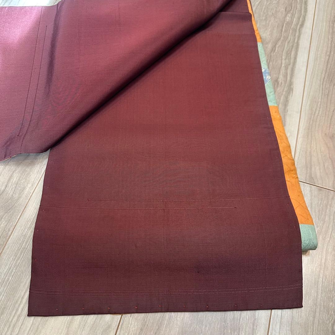 美品　正絹　着物 和服　帯　アンティーク　オレンジ　紫　水色　374 扇