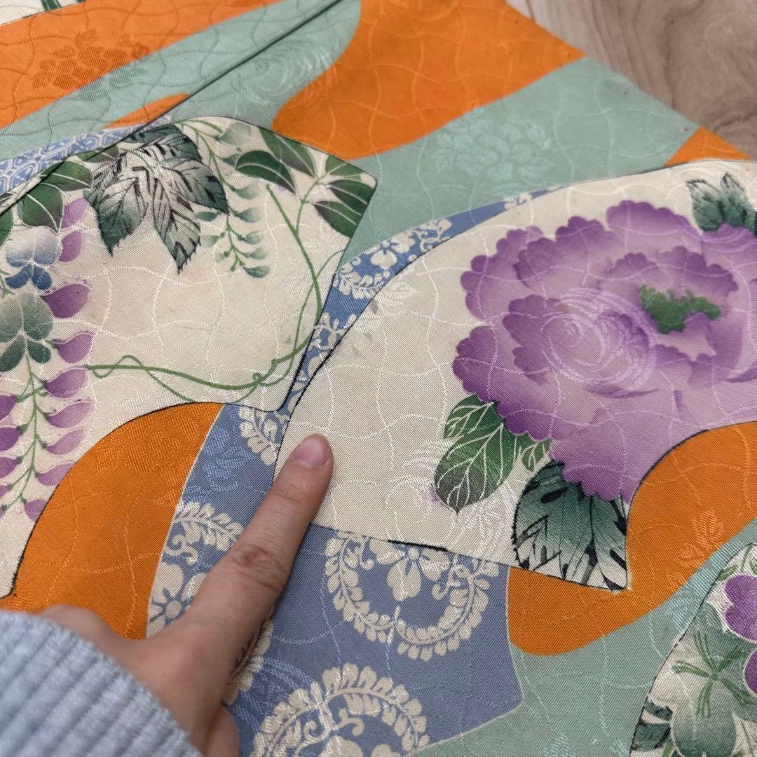 美品　正絹　着物 和服　帯　アンティーク　オレンジ　紫　水色　374 扇