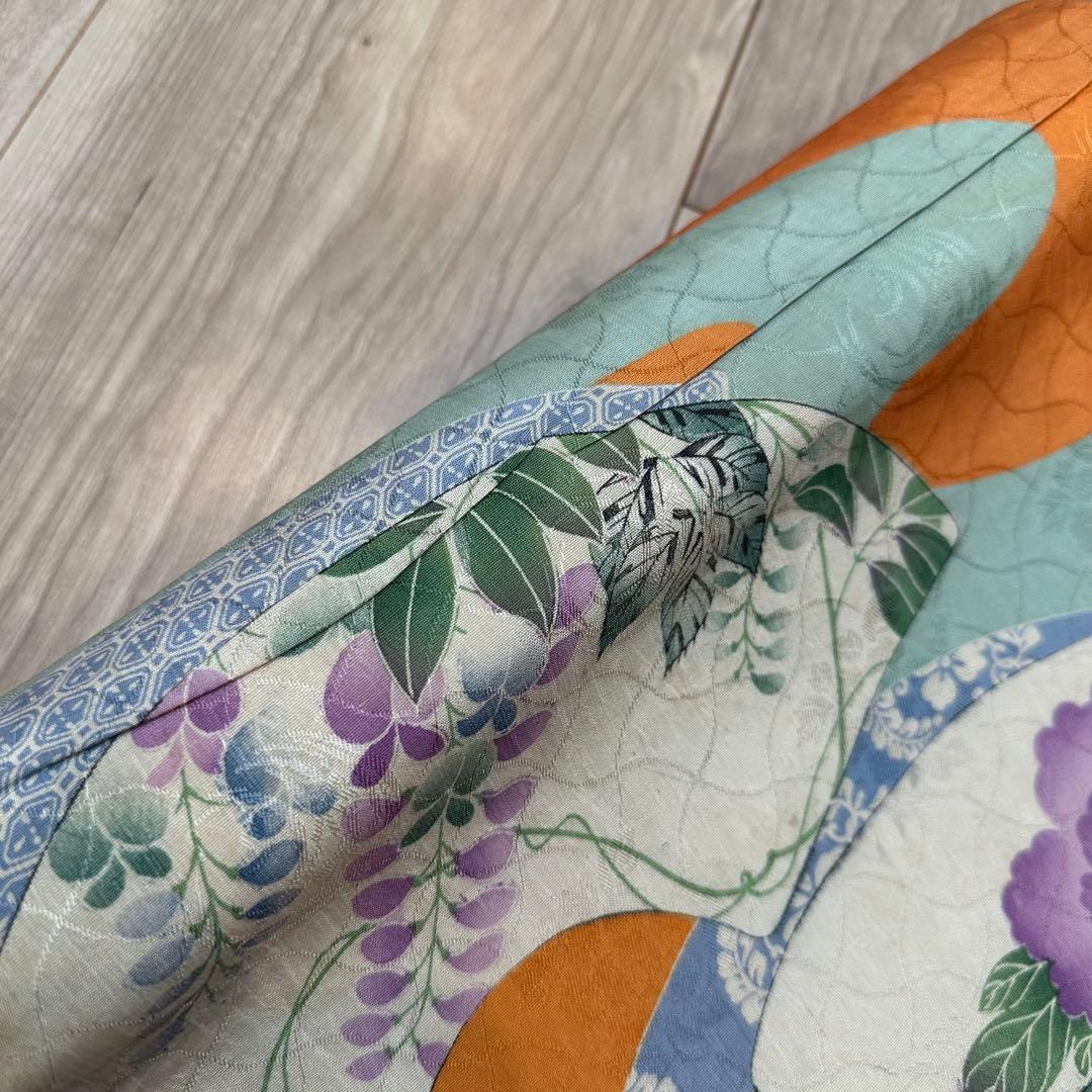 美品　正絹　着物 和服　帯　アンティーク　オレンジ　紫　水色　374 扇