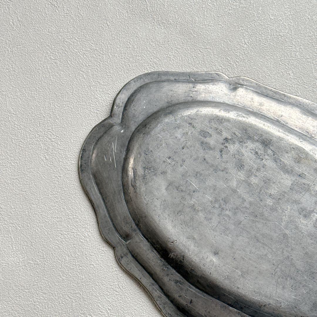 フランス アンティーク ピューター 花リム 大判 オーバルプレート 36cm