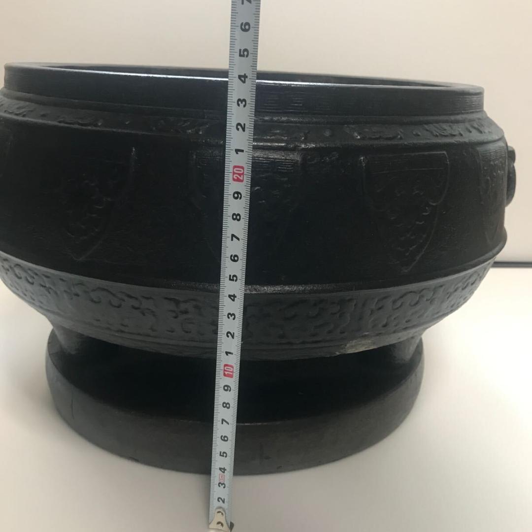 大型 伝統工芸 火鉢 骨董 饕餮紋 雷紋 紋様 彫刻 獣双耳 アンティーク