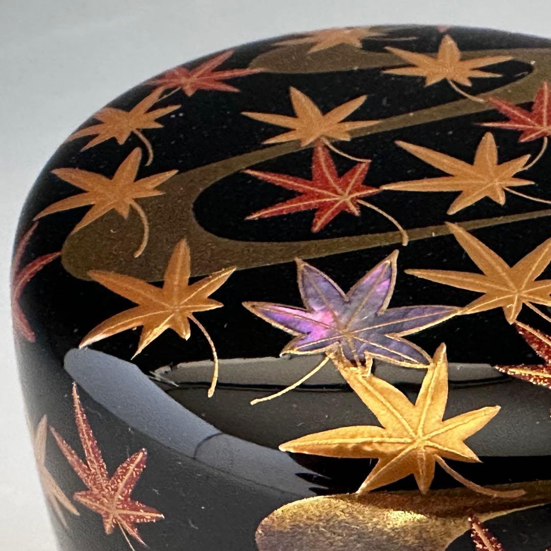 茶道具　竜田川蒔絵　内銀地　大棗　呉藤穣太郎　共箱　山中塗　漆芸　秋　紅葉　茶会