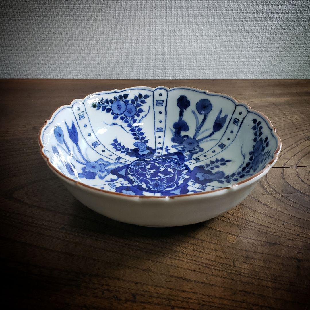 古伊万里 染付 なます皿 芙蓉手 花図 花唐草 イ号 訳あり 縁欠け 明治
