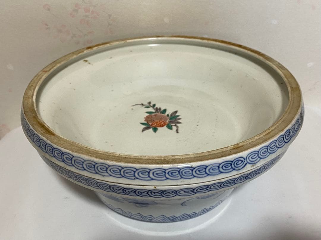 ♦古伊万里 染付 金襴手 獅子 宝尽くし紋様 蓋付き鉢 江戸時代後期 骨董品