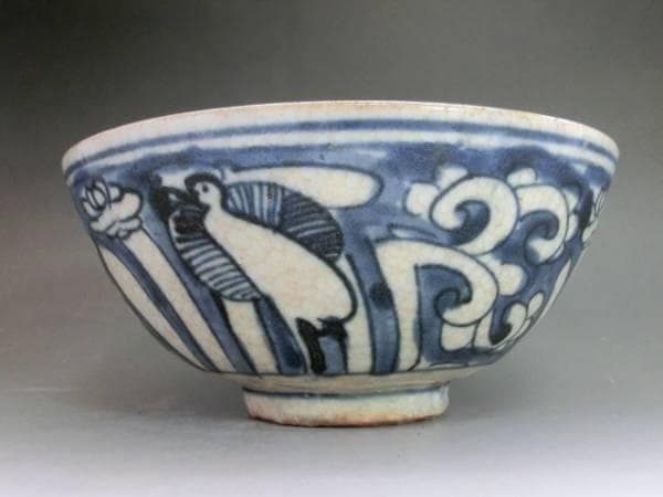 茶碗■鉢 古い染付 鷺（さぎ） 花唐草 お茶道具 菓子器 古玩 時代物 骨董品■