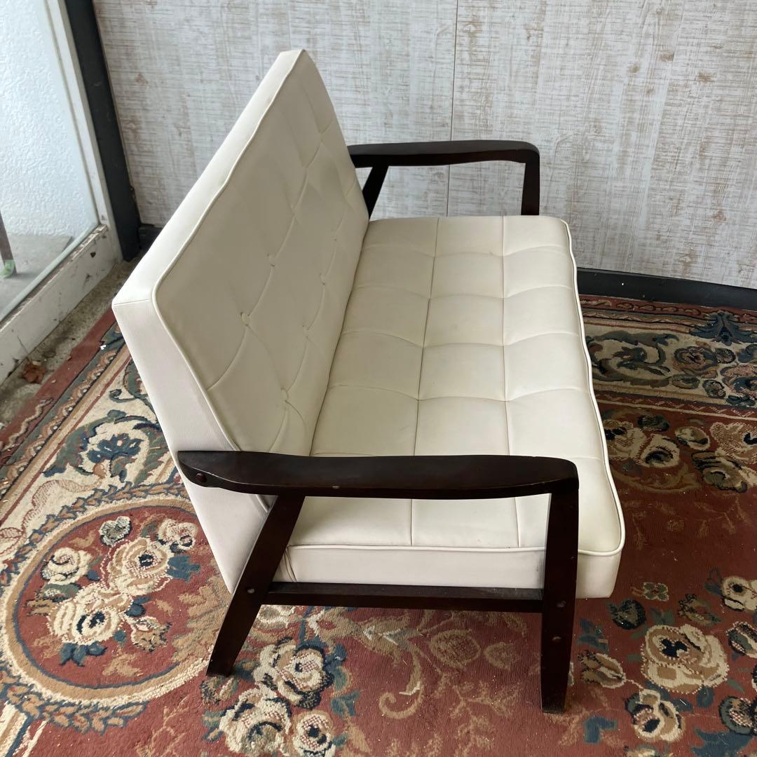 北欧レトロ 木製フレーム アームチェア 二人掛けソファー ロビーチェア ホワイト