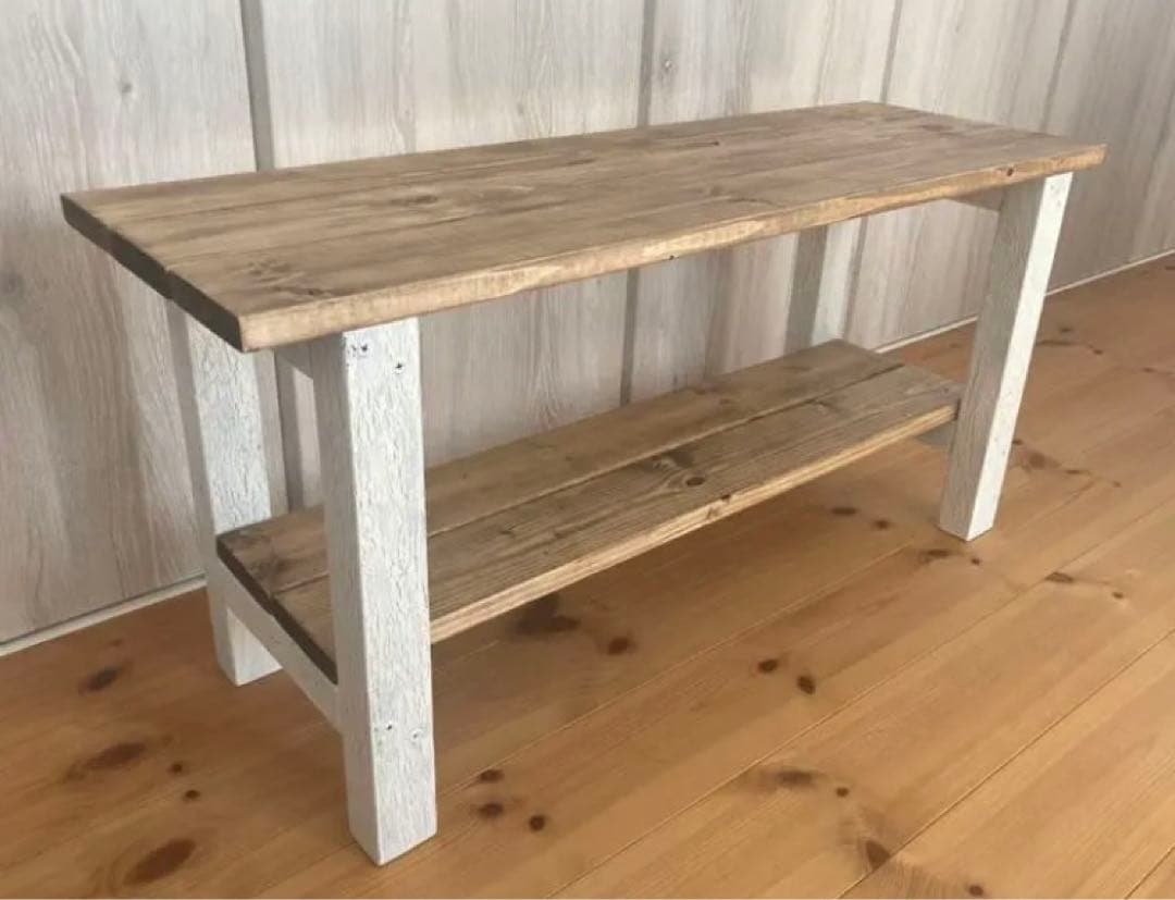 値下げ！新作☆古材風スツールベンチ兼飾り棚☆スノーホワイト×ジャコビアン