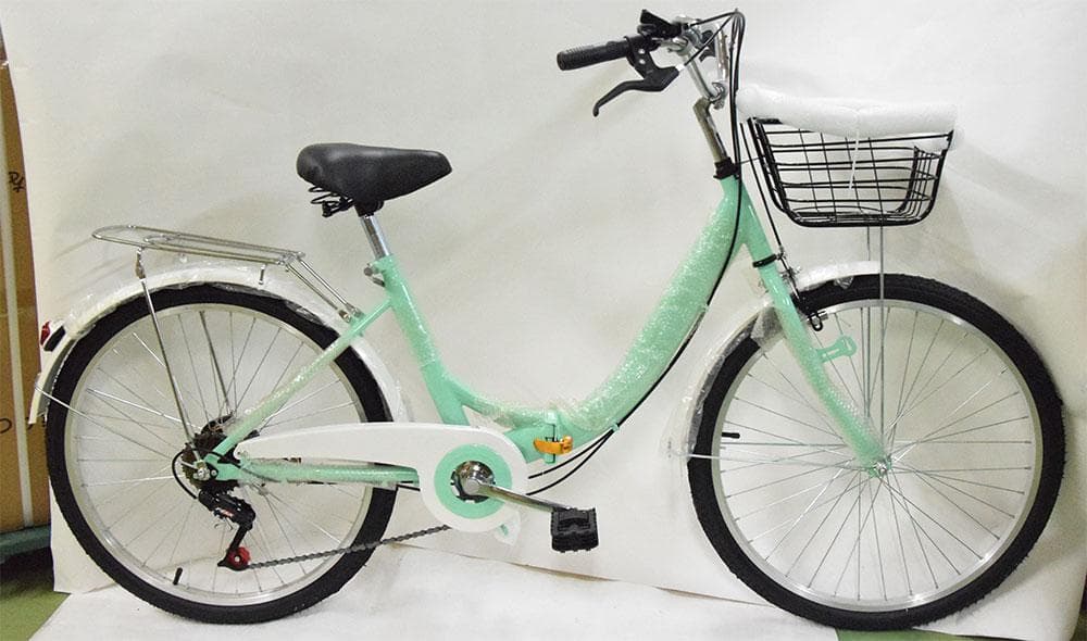 新品送料無料 折りたたみ自転車6段変速２４インチミニベロママチャリカゴ付折り畳み