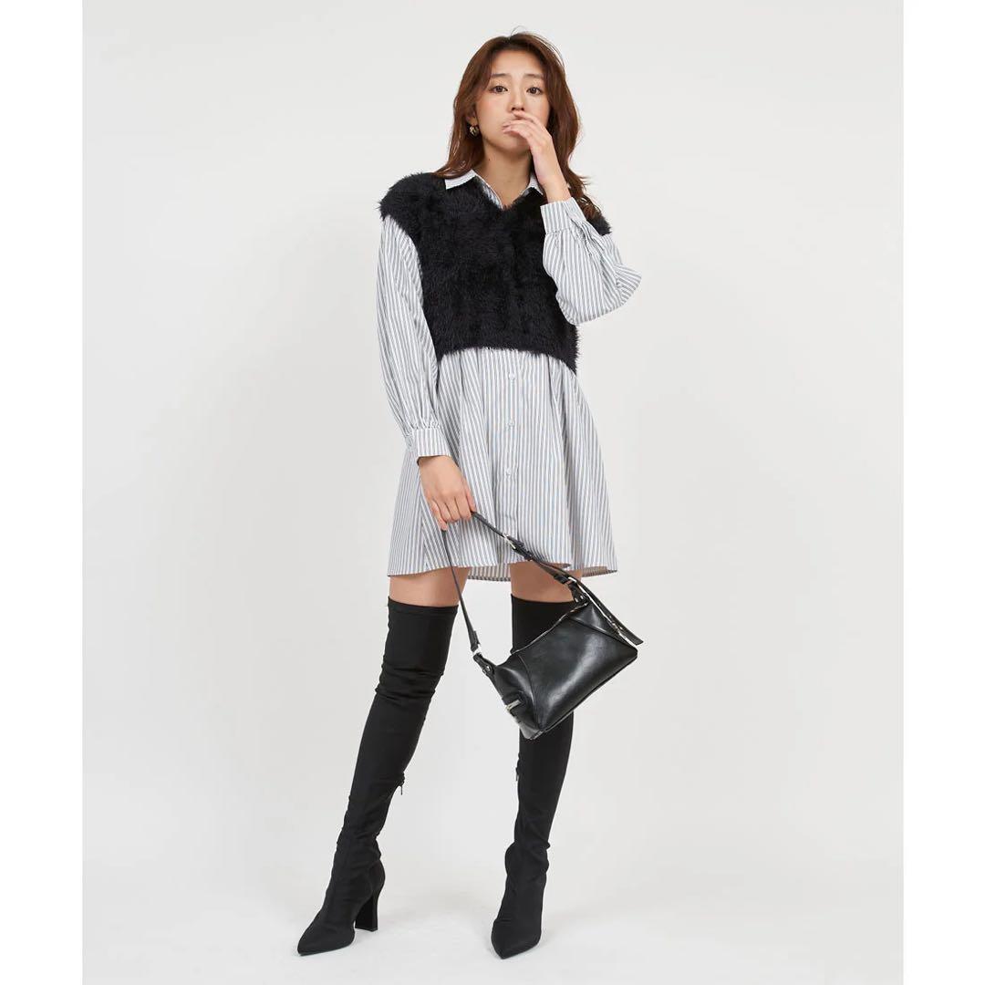 新品 ロイヤルパーティー ニットベスト付くびれるストライプシャツワンピース F