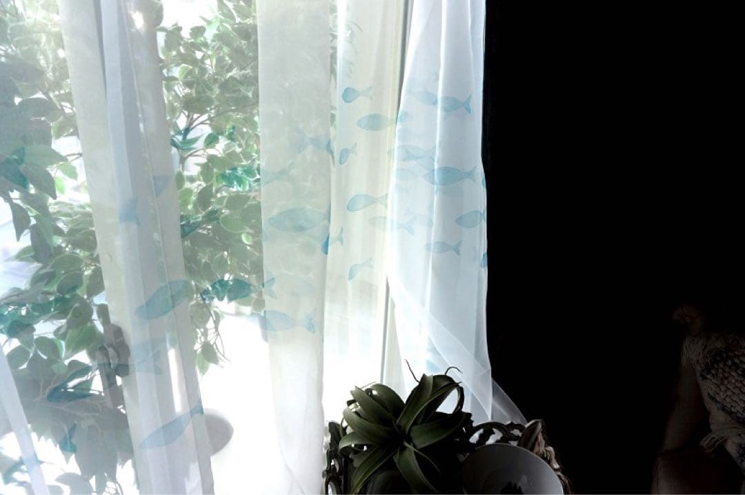 ビーチデザイン グラデーション遮光カーテンとフィッシュレースカーテンセット