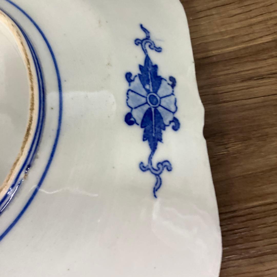 D-5 染付 角皿 藍色 和柄 桜 御所車 花鳥図 菓子皿 取皿 レトロ 陶器