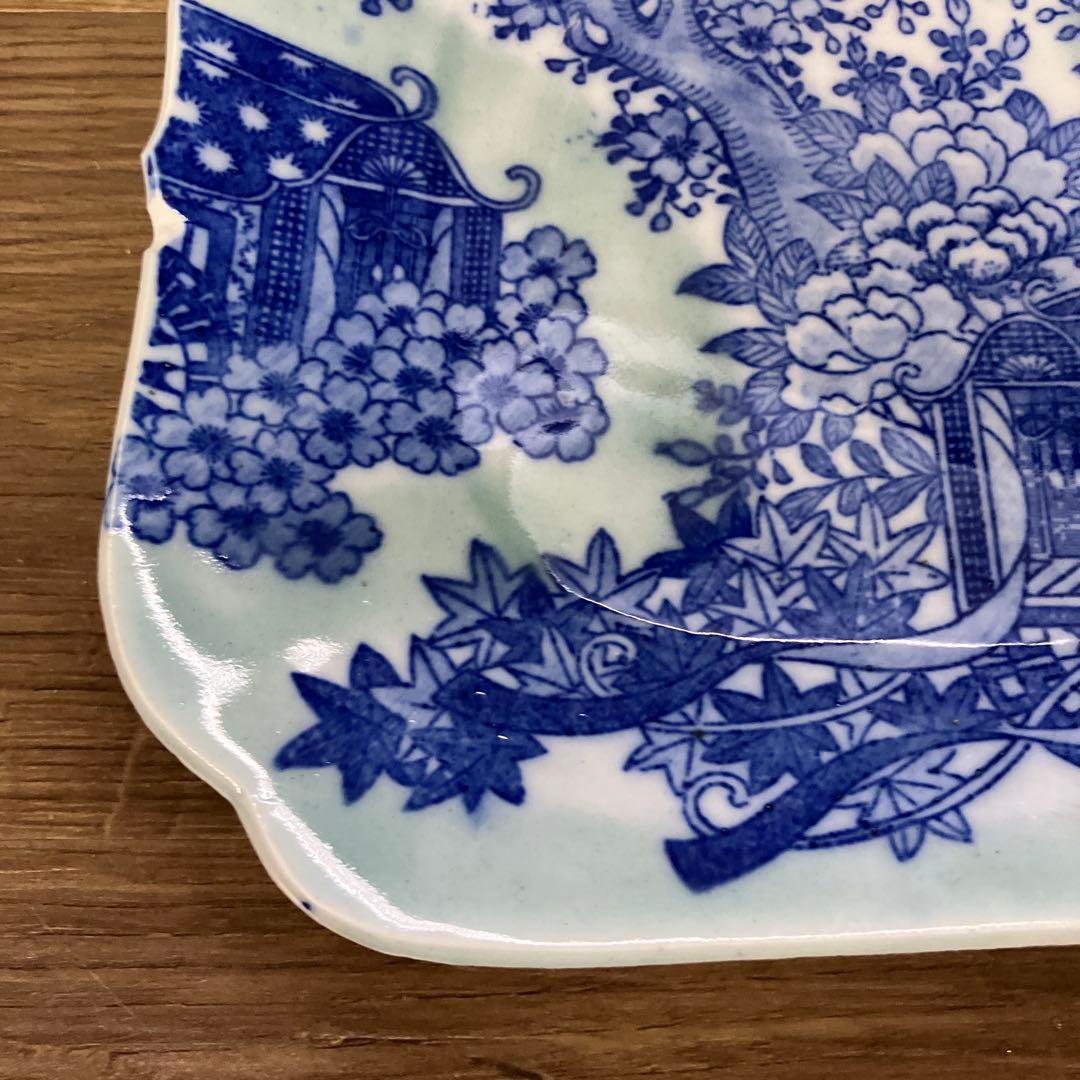 D-5 染付 角皿 藍色 和柄 桜 御所車 花鳥図 菓子皿 取皿 レトロ 陶器
