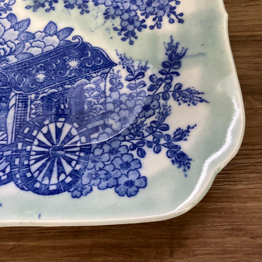 D-5 染付 角皿 藍色 和柄 桜 御所車 花鳥図 菓子皿 取皿 レトロ 陶器