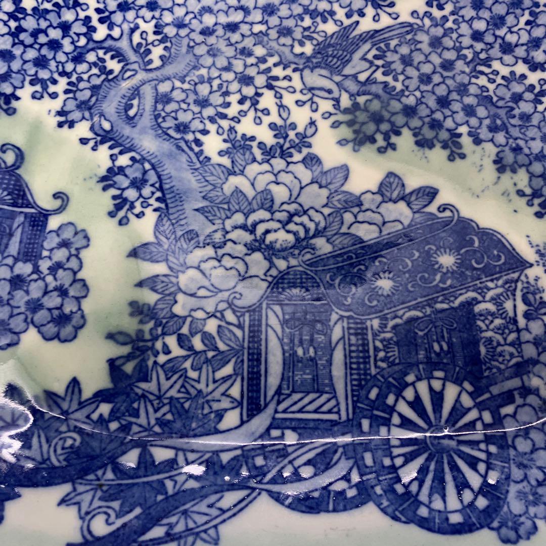 D-5 染付 角皿 藍色 和柄 桜 御所車 花鳥図 菓子皿 取皿 レトロ 陶器