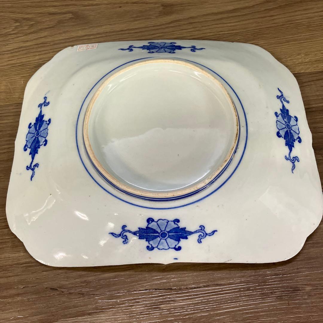 D-5 染付 角皿 藍色 和柄 桜 御所車 花鳥図 菓子皿 取皿 レトロ 陶器