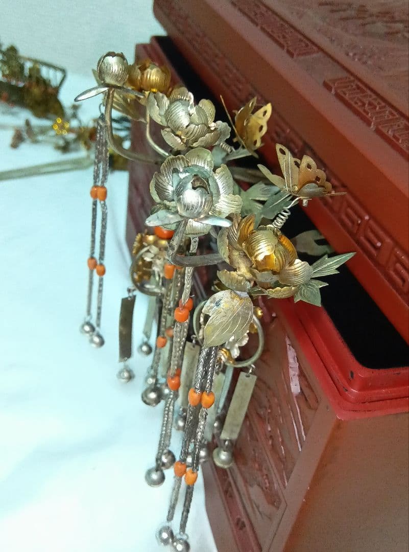 アンティーク　銀びら　かんざし　色々とかんざし入れ　日本髪　珊瑚