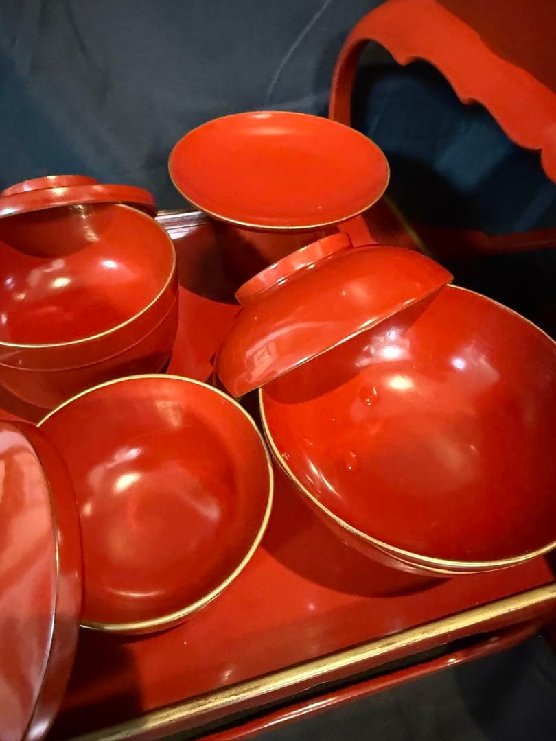 御膳セット　和尚膳　漆塗り　木製　食器　金縁　13点