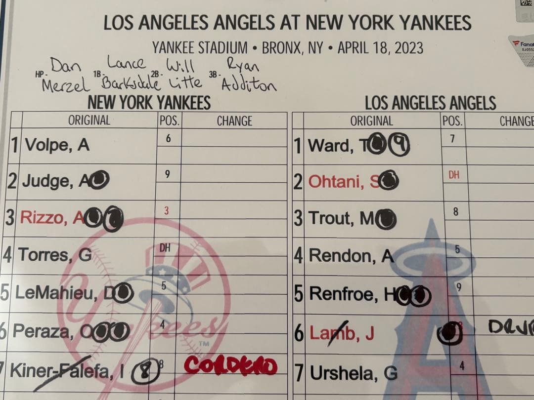 2023.4.18 実使用ラインナップカードNYヤンキース LAエンジェルス大谷