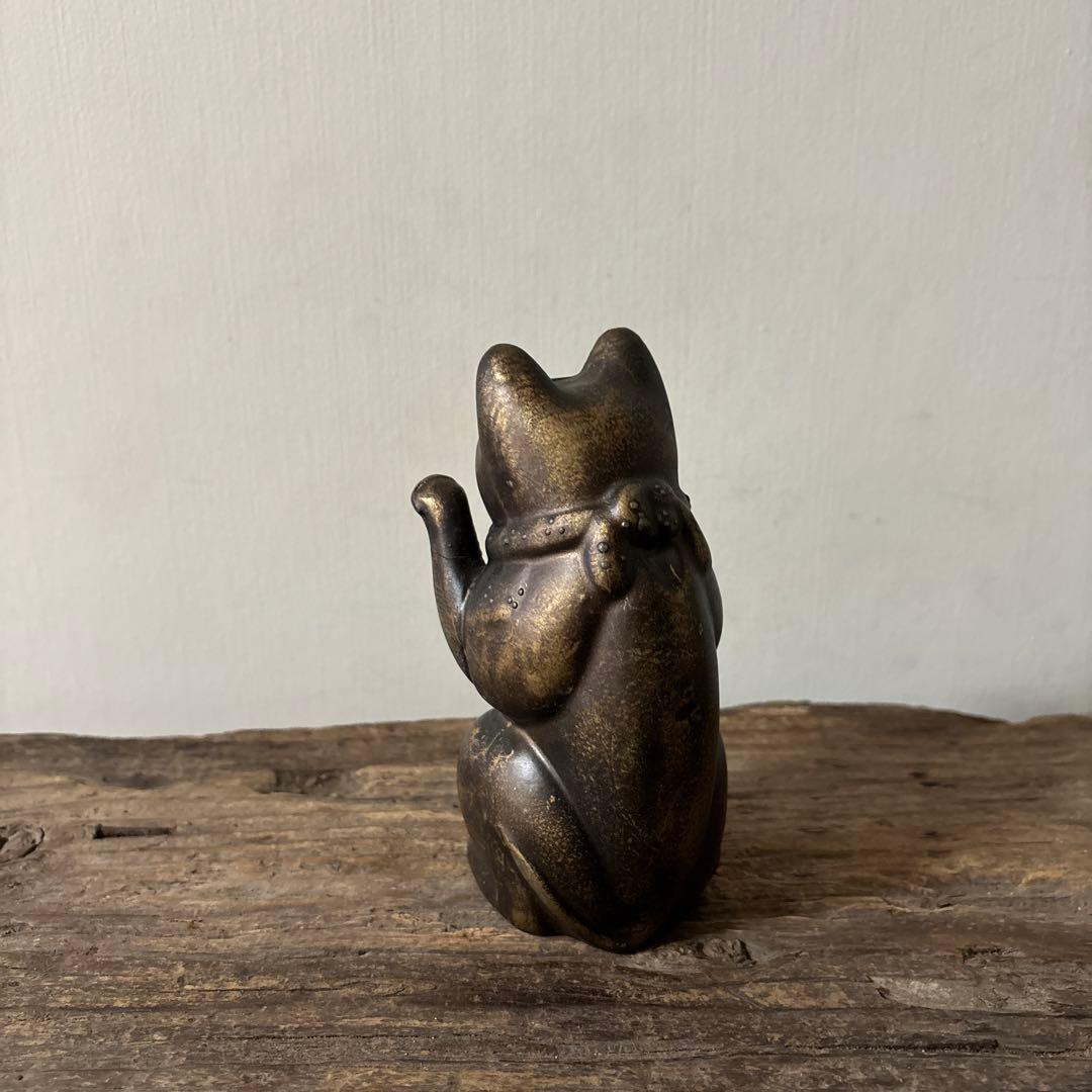 アンティーク　金属製の招き猫　縁起物　古道具　骨董品　福助人形　眠り猫　検:李朝
