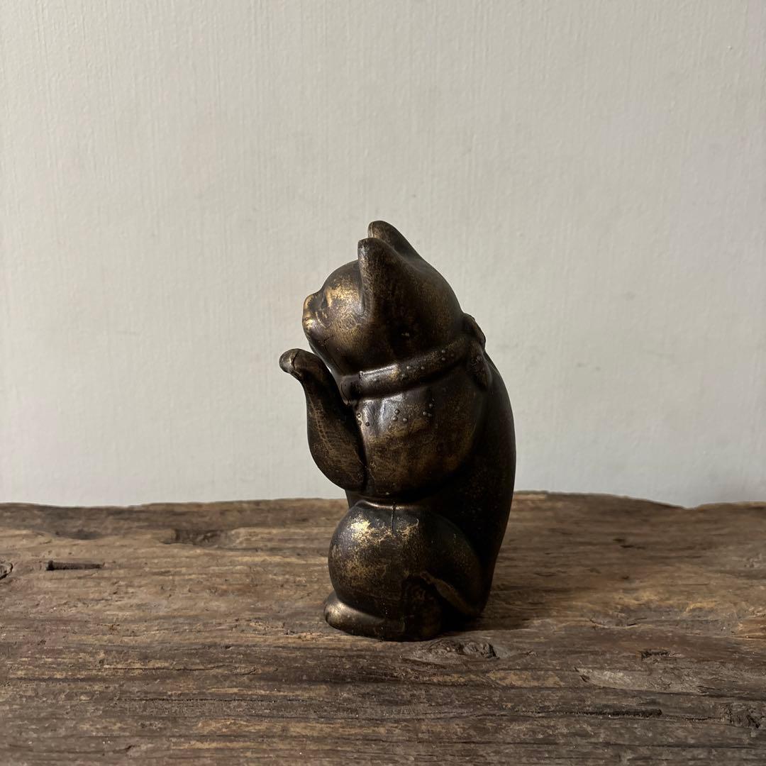 アンティーク　金属製の招き猫　縁起物　古道具　骨董品　福助人形　眠り猫　検:李朝