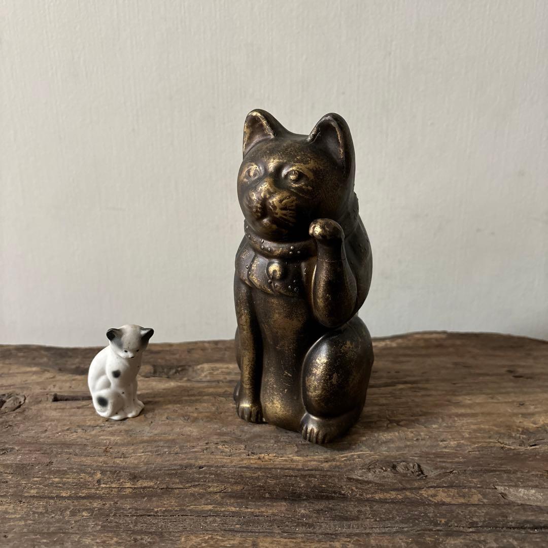 アンティーク　金属製の招き猫　縁起物　古道具　骨董品　福助人形　眠り猫　検:李朝