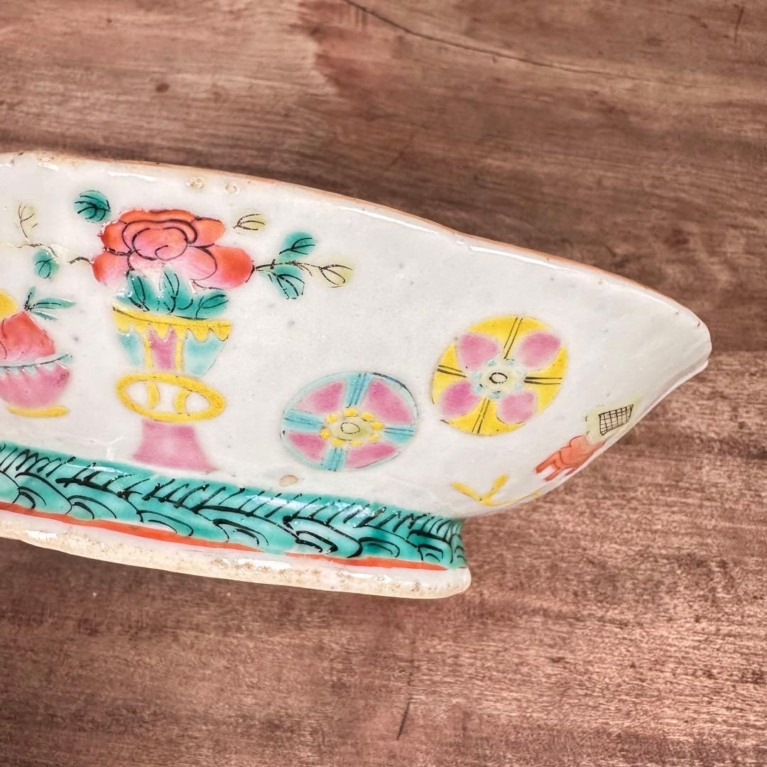 希少　粉彩　五彩花丸文　高台皿　変形鉢　清朝期　中国古玩　中国美術　骨董品