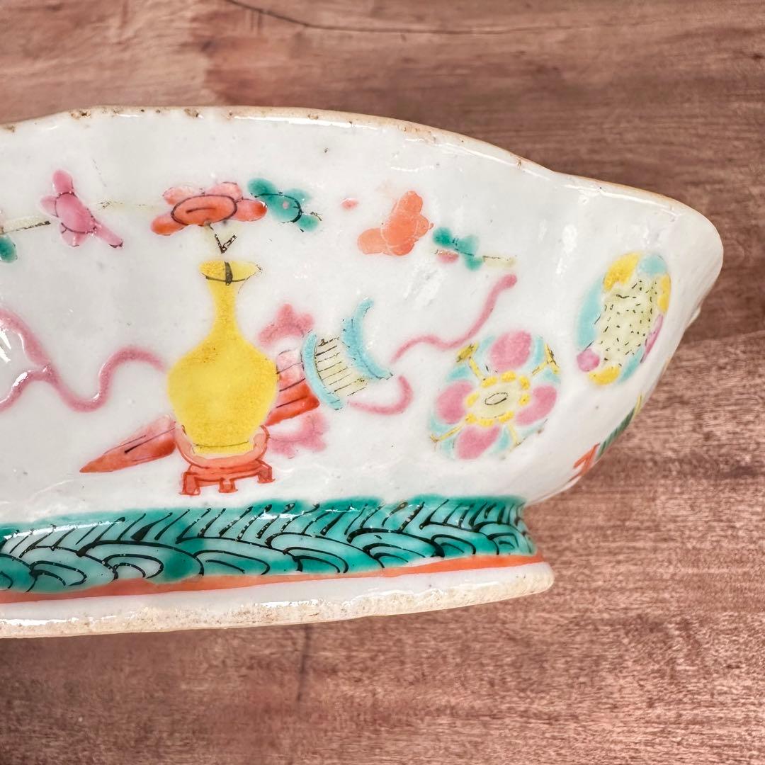 希少　粉彩　五彩花丸文　高台皿　変形鉢　清朝期　中国古玩　中国美術　骨董品