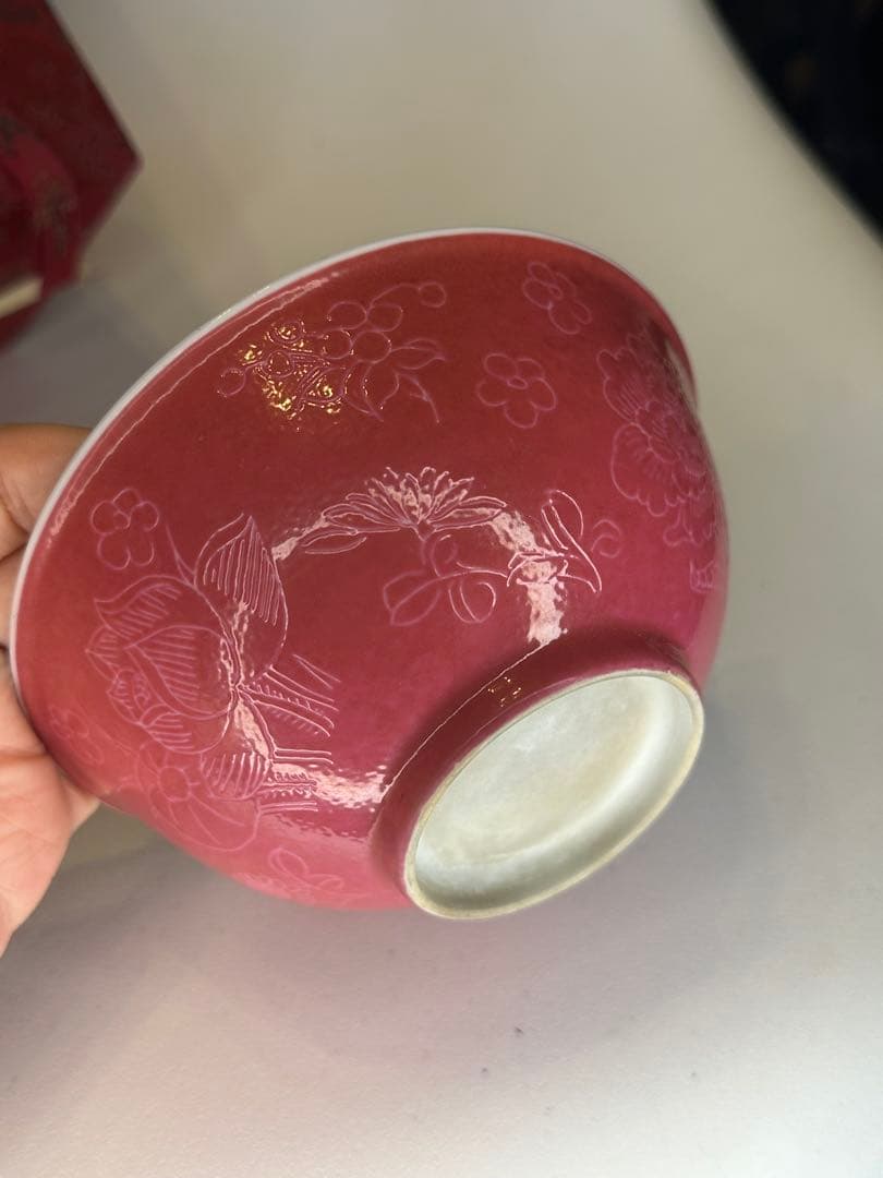 玫紅釉 粉釉 花卉文 碗　荷花・向日葵・牡丹文　中国古美術　時代物　錦箱付