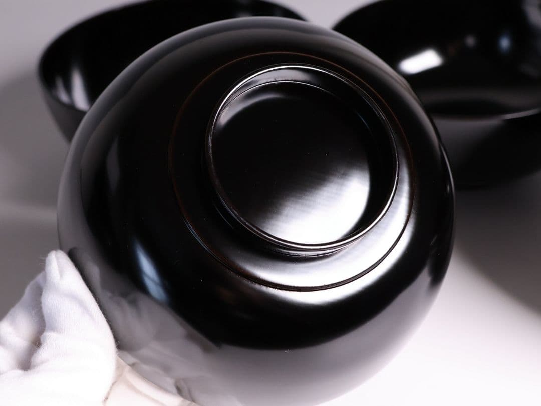 【MB197】輪島塗 天然木漆塗 黒塗椀 五客 蒔絵 大和絵 源氏絵 人物 昭和