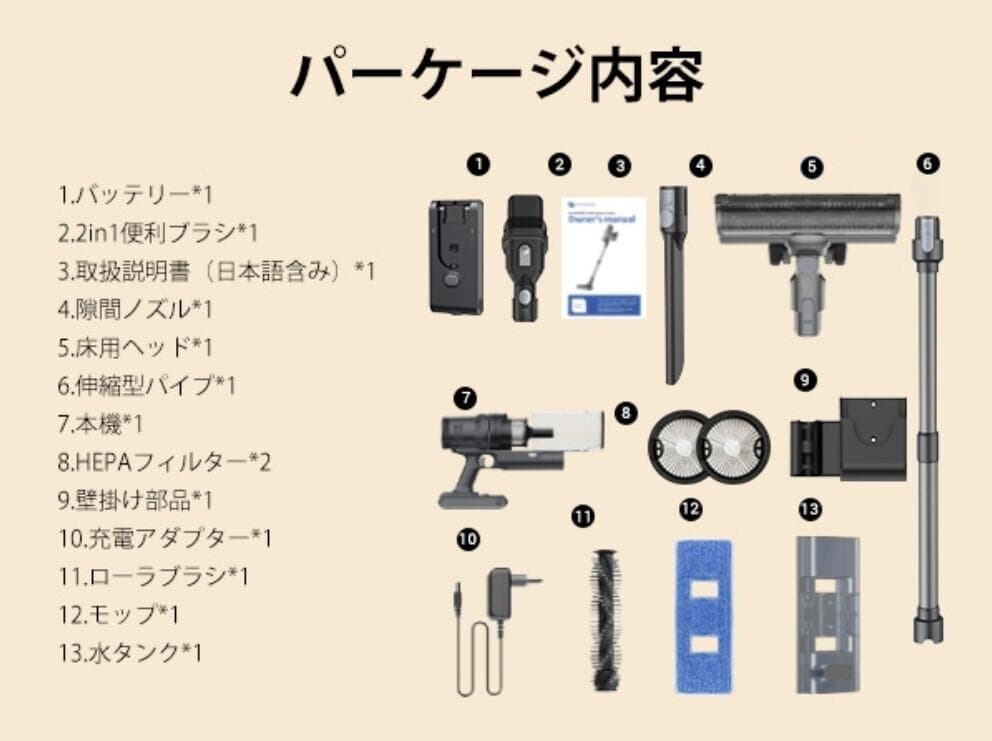 強力吸引！！コードレス掃除機 35000Pa 水拭き一体型 サイクロン 伸縮型