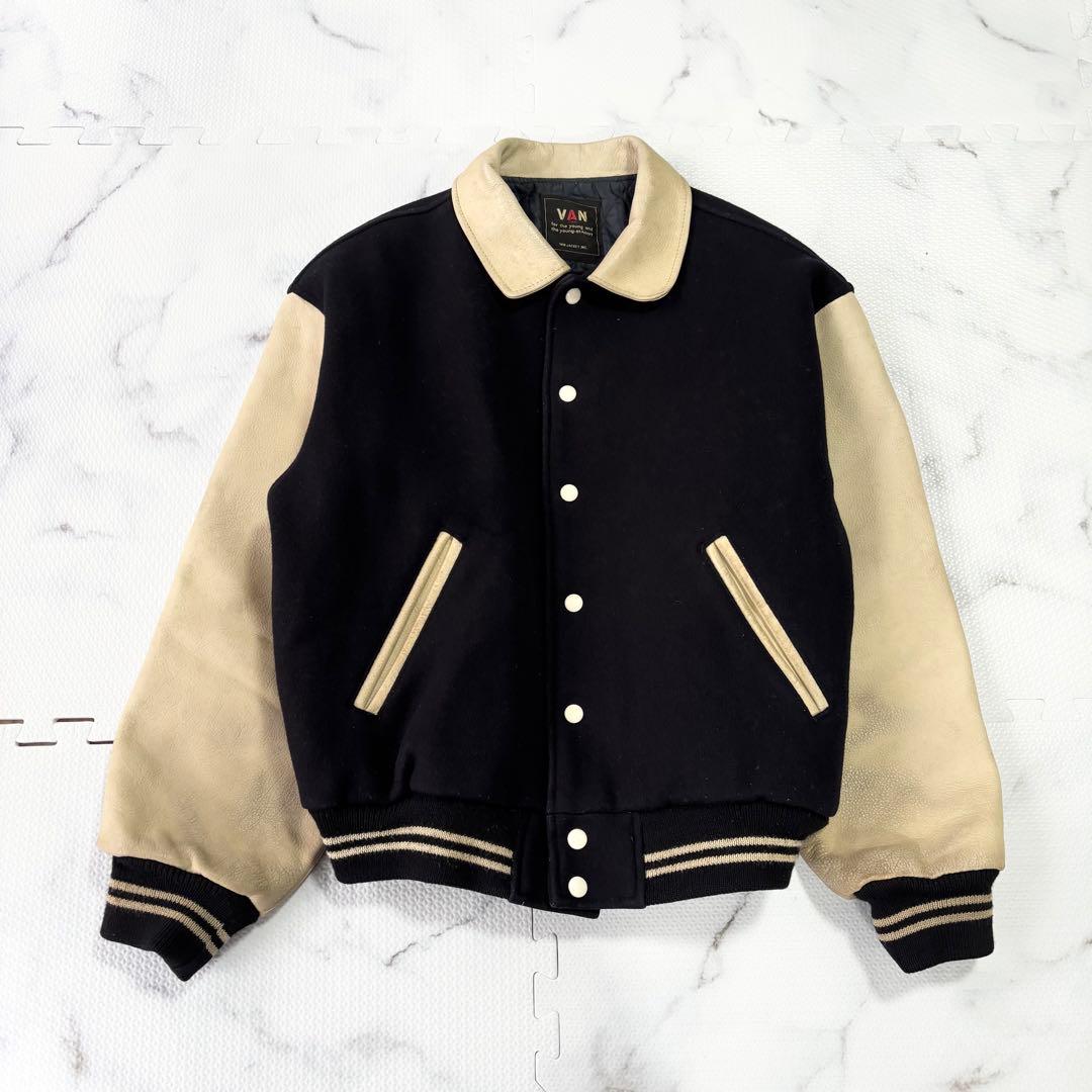 ✨大人気✨VAN JACKET ヴァン　 スタジャン袖レザー　アーチロゴ　紺L