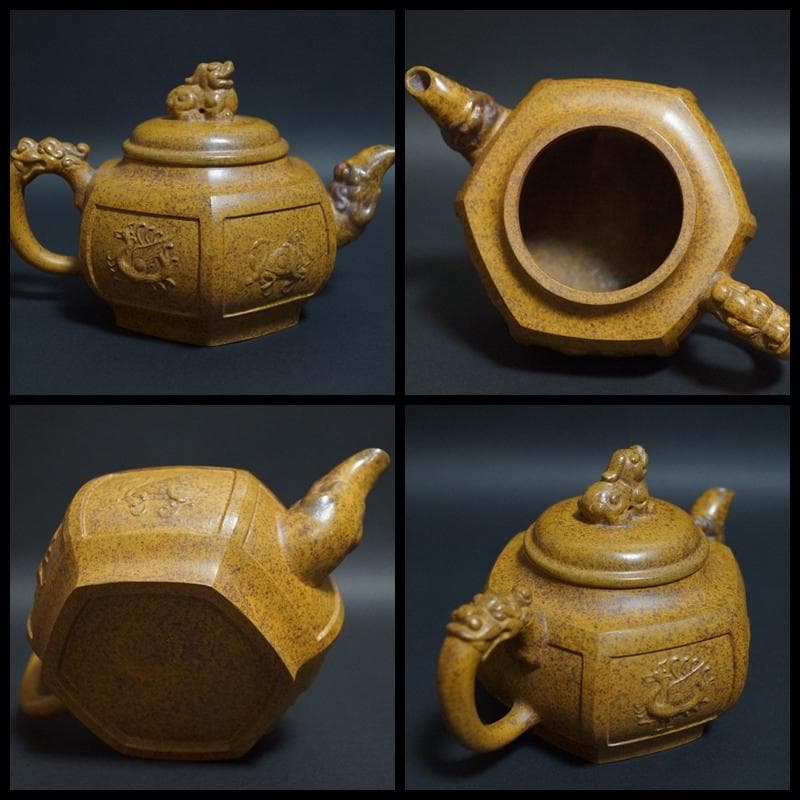 中国宜興紫砂 陸建平造 紫砂細工急須 浮き彫り『四神文』造形紫砂壺 獅子摘