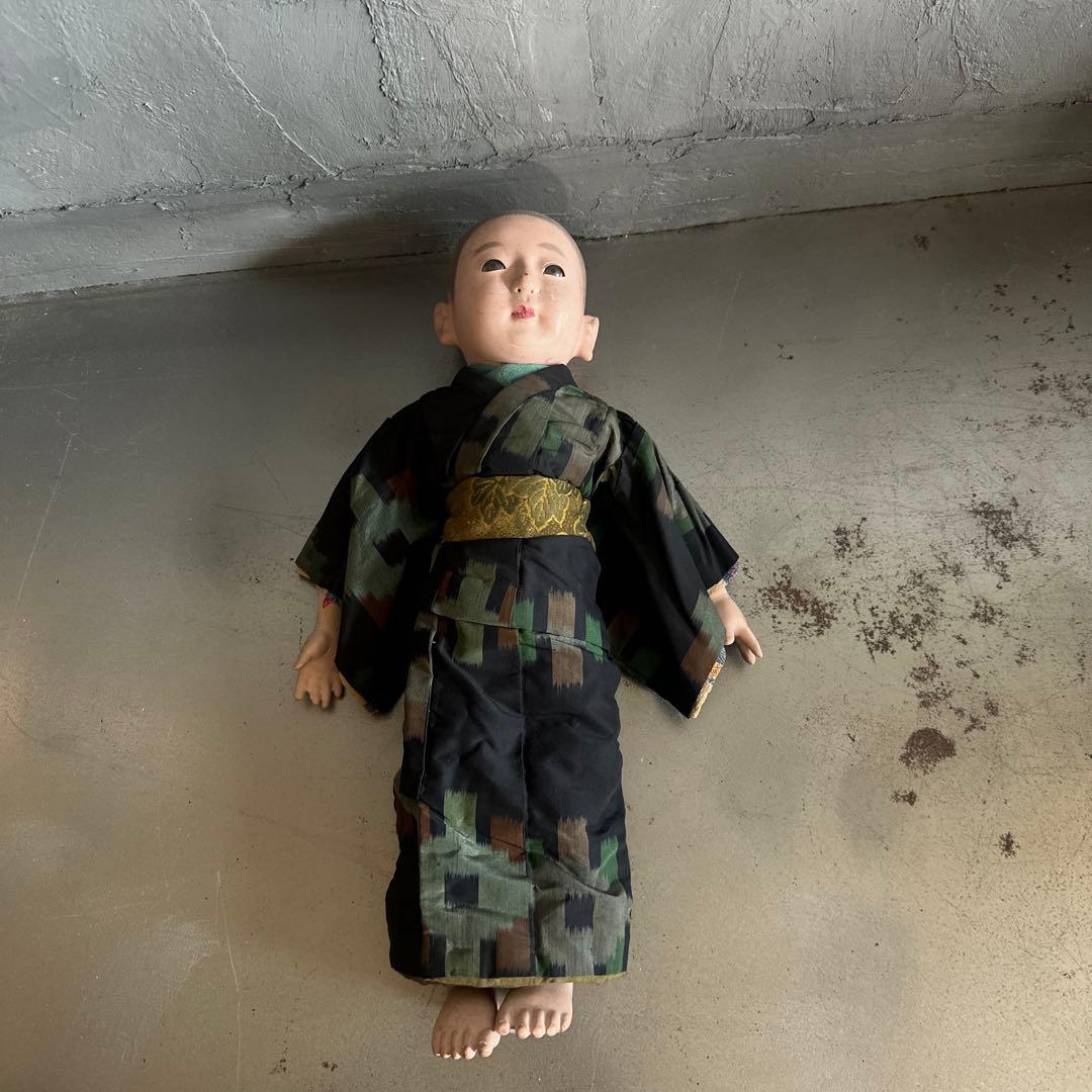 ヴィンテージ　市松人形 男の子　黒と緑の模様