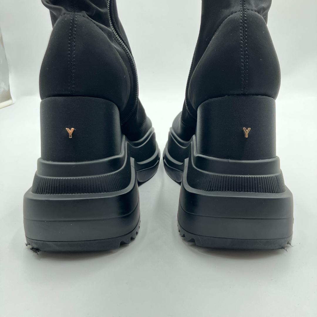 【美品】YELLO　ダブルスニーカーロングブーツ ストレッチ 厚底 ブラック L