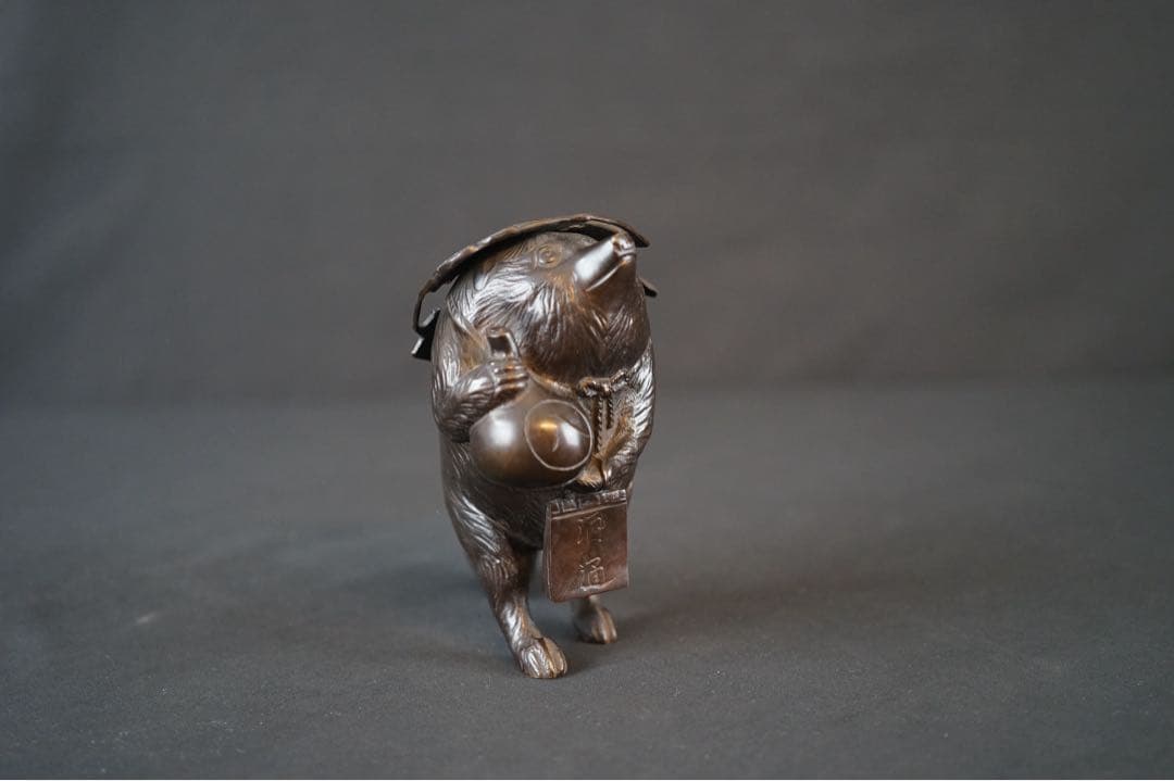 竹仙 銘 銅製 瓢箪持ち狸 置物 重さ約2kg 金属 美術 芸術 工芸品 飾り