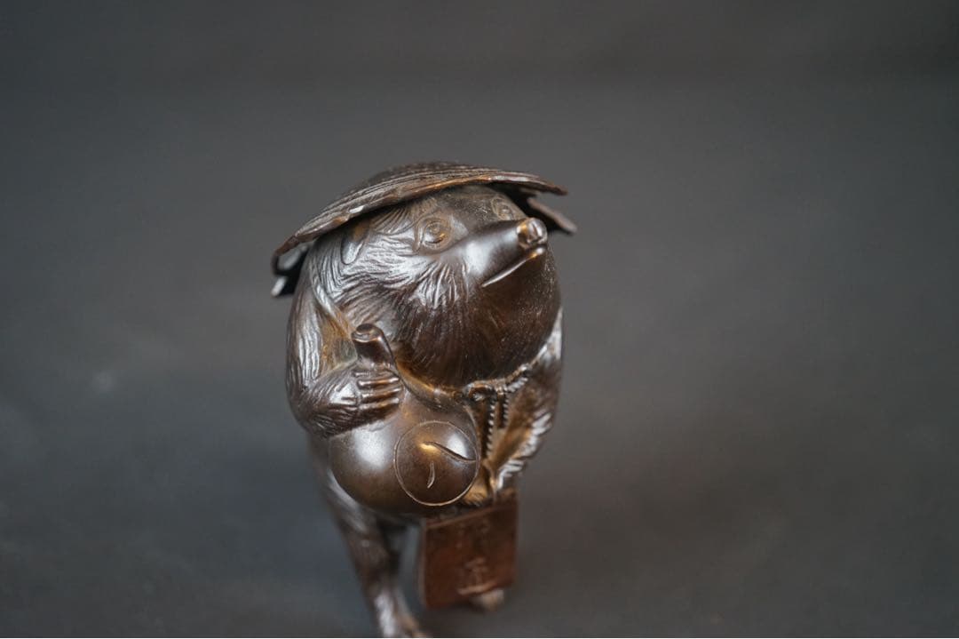竹仙 銘 銅製 瓢箪持ち狸 置物 重さ約2kg 金属 美術 芸術 工芸品 飾り