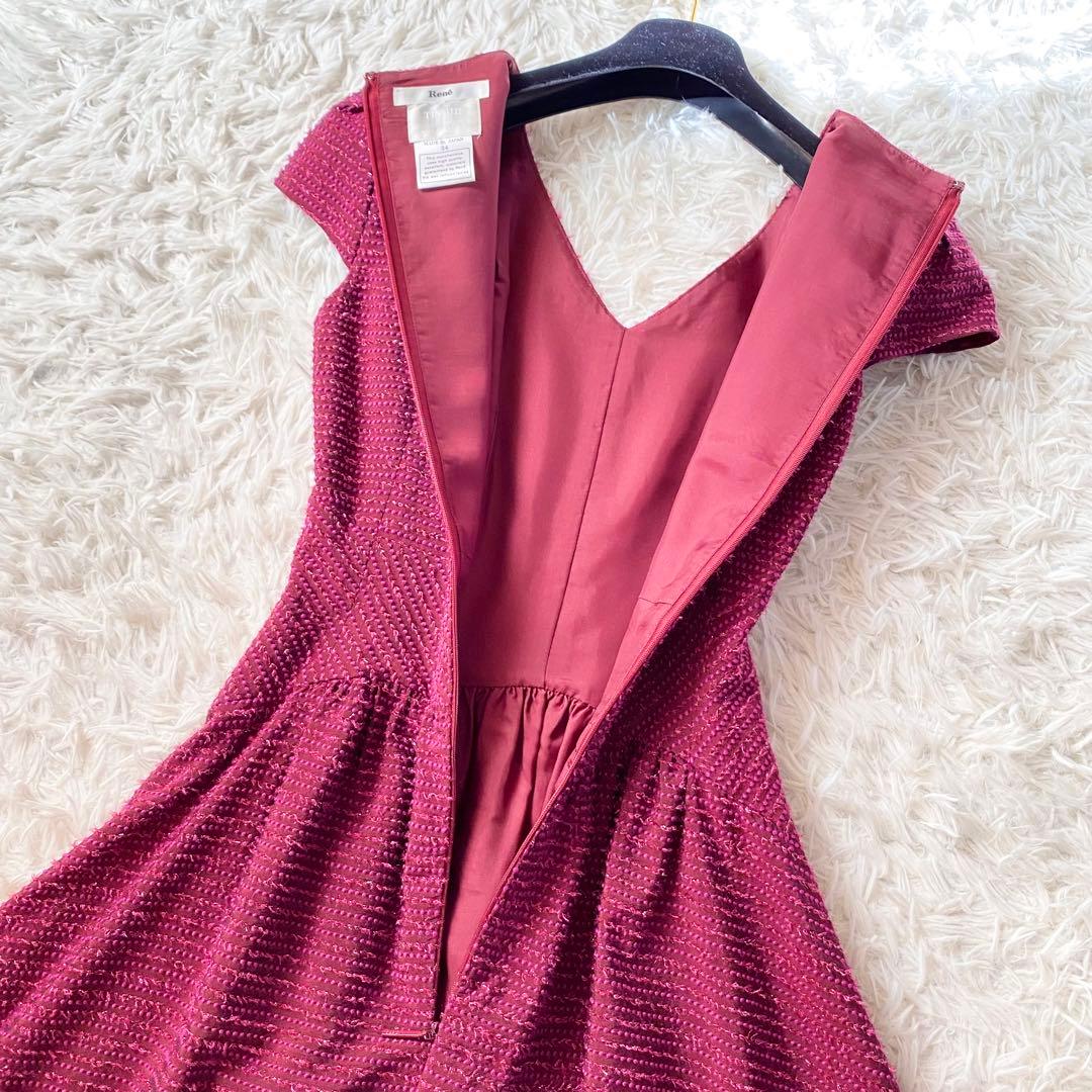 極美品✨Rene TISSUE社製 高級フレアワンピース リボン ワインレッド