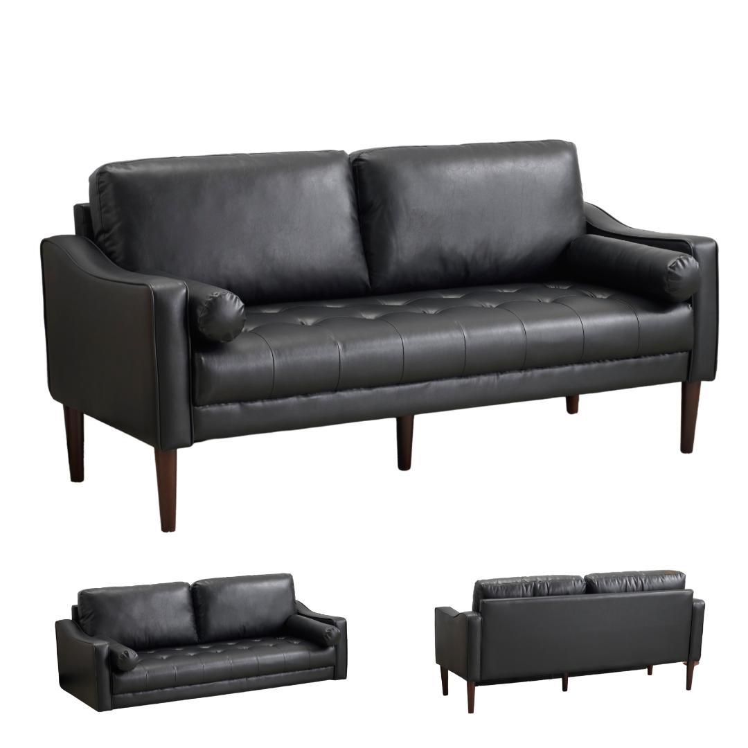 ソファー 3人掛け おしゃれ PUレザー 北欧風 リビングソファ (ブラック)