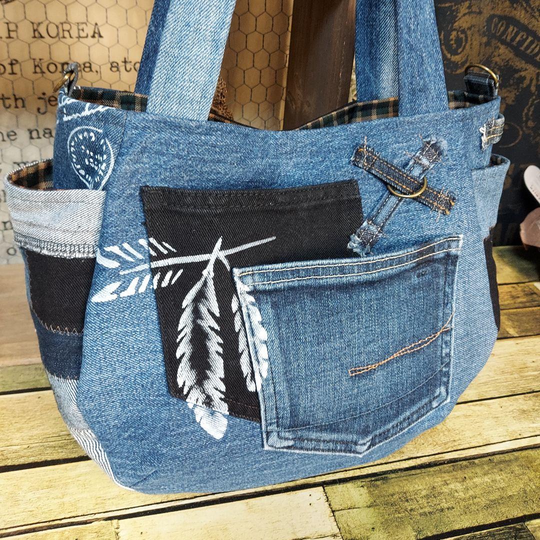 刺繍デニムバック　No.646　デニムリメイク　チューリップバック　丸いバック